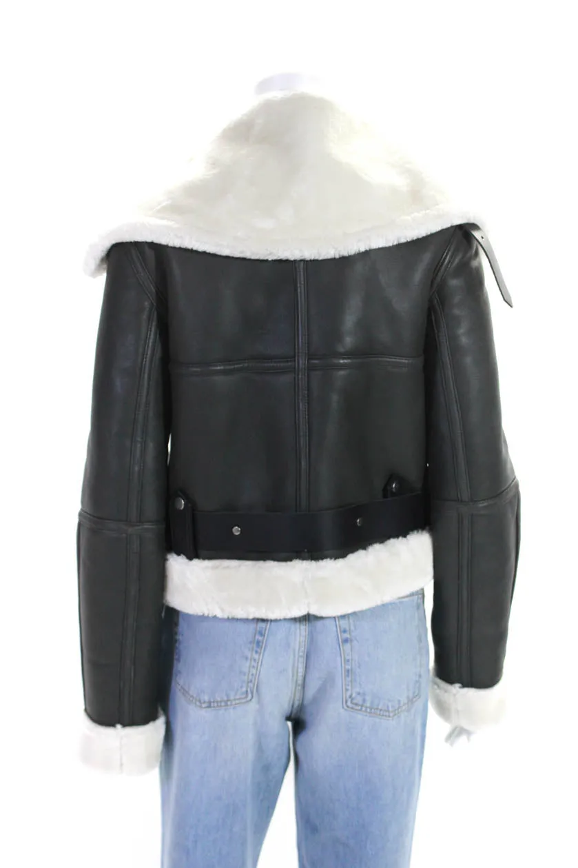 Walter Baker Womens Faux Fur Lined Belted Leather Coat Dark Green